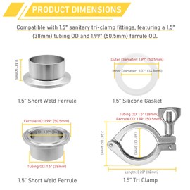 RIXIGOOD 1.5 Inch Tri Clamp Ferrules with 1.5" Tri-Clamp and Silicone Gasket Sanitary Fittings 304 Stainless Steel TC Short Weld Ferrule Kit