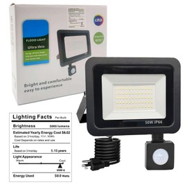 HANNAHONG LED Flood Light Outdoor,6500K Security Lights, Plug in Motion Light Outdoor,Slim Design Motion Detector IP66 Waterproof Light for Garage, Yard, Porch (50W)