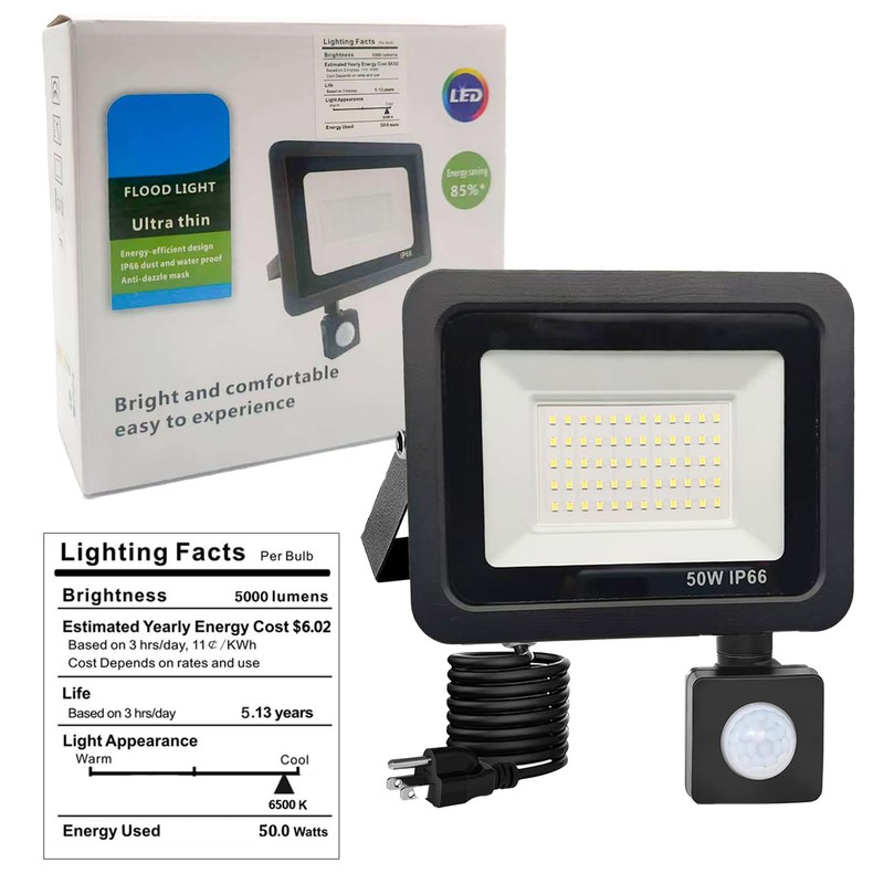 HANNAHONG LED Flood Light Outdoor,6500K Security Lights, Plug in Motion