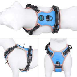 PHOEPET 2019 arnés para perro sin tirones medio reflectante clip frontal chaleco con asa, ajustable 2 anillos de metal 3 hebillas, [fácil de poner y quitar] (M, azul)