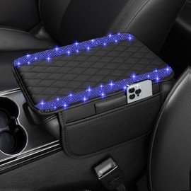 NBTEPEM Bling Car Center Console Cover, Leather Car Arm Rest Cover Cushion with 2 Storage Bags, Middle Console Cover Universal Armrest Protector Pads, Bling Accessories for Most Vehicles (Blue)