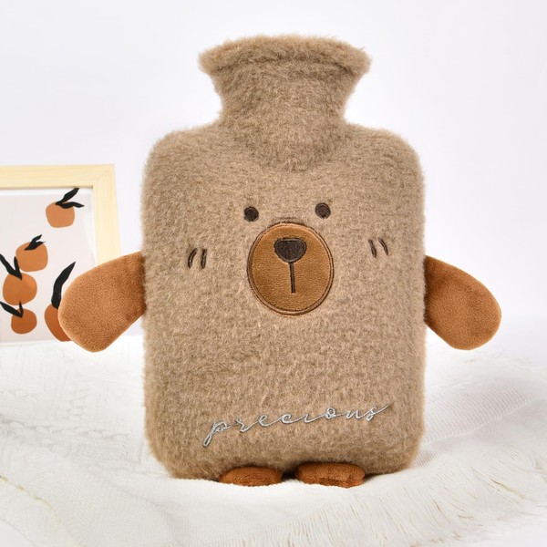 ACWOO Hot Water Bottle with Cover, 1 Litre Rubber Hot Water Bottle with Cuddly Soft Cover, Brown Carry, Hot Water Bottle Removable and Washable Hot Water Bottles for Family and Friends, Christmas