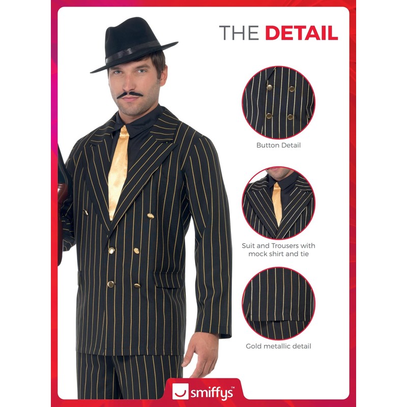 Smiffys Gold Pinstripe Gangster Costume, Black, XL - Size 46inch-48inch