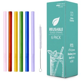 Simply Straws 6 Inch Glass Straws Straight (6-Pack) – Reusable Glass Straws for Low Balls & Stemless Glasses, with Cleaning Brush – Dishwasher Safe, Hot & Cold Use, BPA-Free (Iridium)