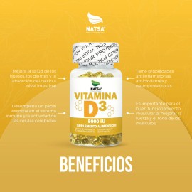 Vitamina D3 5000 UI 300 caps, Refuerza sistema Inmune, Calcio para Huesos y Dientes, Funcionamiento Muscular, Calidad Premium                         