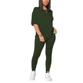 HBQ Women 2 Piece Outfits Summer Sweatsuits Drop Shoulder Tracksuits Biker Short Workout Jogger Sets Army Green A L