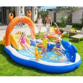 LuxPool 2026 Large Inflatable Play Center,Toddler Pool with Water Slide&Sprinkler,120"x70"x50"Inflatable Kiddie Pool with Slide,Backyard Kids Water Slide,Blow-Up Splash Pad for Toddlers