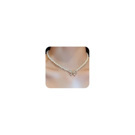 Jumwrit Sparkly Rhinestone Choker Necklace Cute Silver Bow Pendant Necklace Boho Pearl Necklace 3 Row Tennis Necklace Fashion Party Prom Accessories for Women (Style 3)