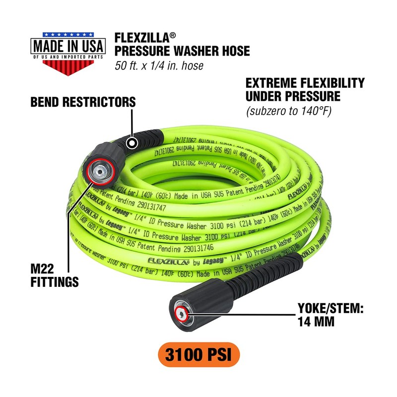 Flexzilla Pressure Washer Hose with M22 Fittings, 1/4 in. x
