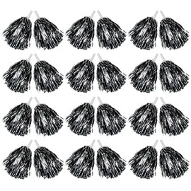 Hooshing 24PCS Black and Silver Pom Poms Cheerleading Metallic Foil Cheer Pom Poms with Plastic Handles for Team Spirit Sports Party Dance