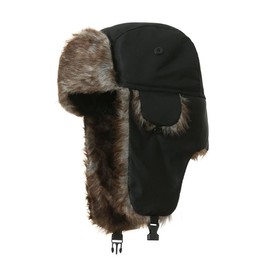 Trapper Warm Russian Trooper Hat with Faux Fur Ear Flaps Winter Skiing Cap for Women Men Windproof Hunting Hats - Color: Black