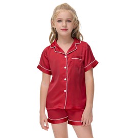 Veseacky Little Girls Boys Satin Silk Pajamas Set Button-Down 2-Piece Short Sleepwear PJs for Kids (Red,6y 7y)