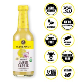Tessemae's Organic Lemon Garlic Dressing and Marinade, Whole30 Certified, Keto Friendly, USDA Organic, 10 fl oz. bottles (4-Pack)