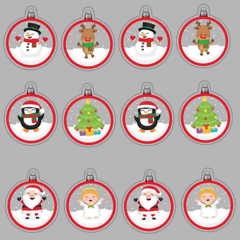 Articlings 12 Christmas Picture Baubles Window Stickers, Winter Holiday Clings,