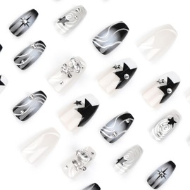 Press On Nails Stick On Nails, Flower Summer Cute Designed Beauty Pattern in Glue on Nails, Fake Nails, Short Square Almond Long Ballet Shape on 24PCS (Ballet Black Star)