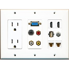RiteAV 2 Hdmi 2 Cat6 3.5mm RCA Composite Coax USB-A SVGA Power Outlet Wall Plate - White