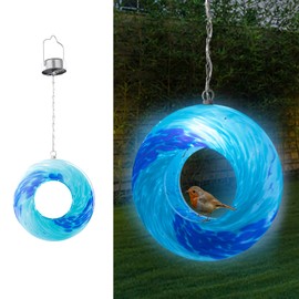 VCUTEKA Bird Feeder Solar Fly Through Bird Feeders for Outside Hanging with Round Shape Glass Container to Attract More Wild Birds for Garden Decor, Solar Bird Feeder as Gift for Bird Lovers, 8-Inch