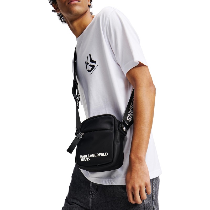 KARL LAGERFELD JEANS Men's Essential Nylon Crossbody, Black, black