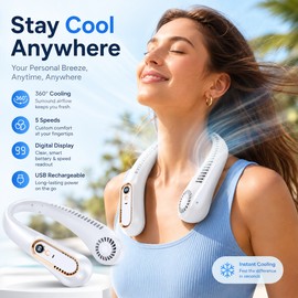 Bladeless Neck Fan for Hands-Free Cooling – 5-Speed USB Rechargeable Fan with Digital Battery Display