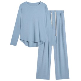 difficort Womens 2 Piece Outfits Long Sleeve Fall Lounge Sets Wide Leg Workout Sets Loungewear with Pockets,Haze Blue,Large