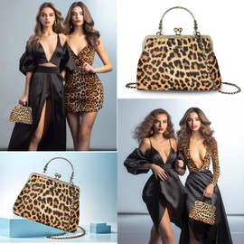 Abuyall Leopard Print Bag Vintage Purse Leather Kisslock Purses and Handbag for Women Small Vintage Top Handle Handbag Leopard-print
