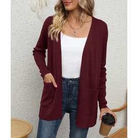 LILBETTER Women's Long Sleeve Knit Sweater Open Front Cardigan Loose Outerwear(Wine Red,Medium)