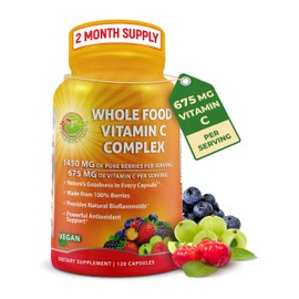 Whole Food Vitamin C Complex - 1450mg Organic Berries - 675 mg Vitamin C per Serving, High-Potency Antioxidant & Immune Support with Acerola, Amla and Natural Bioflavonoids - Vegan, Non-GMO, 120 Count