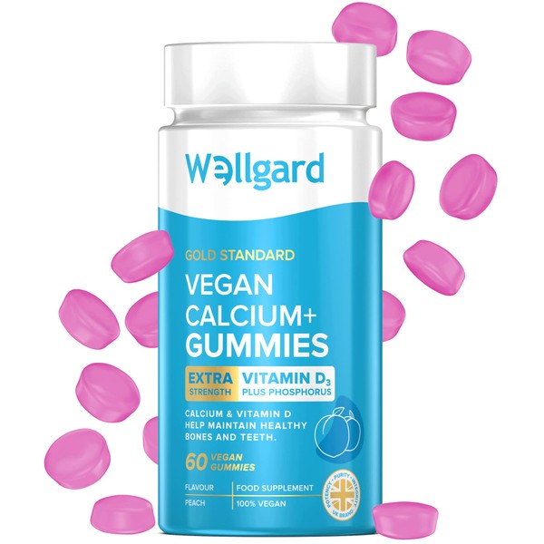 Wellgard Vegan Calcium Gummies, Phosphorus, Natural Fruity Flavoured, Supports Healthy Bones, Muscles & Teeth, UK Formulated