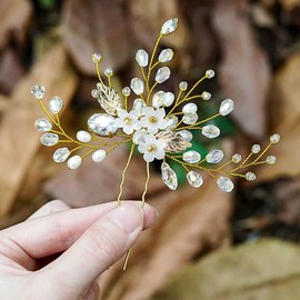 Aukmla Bride Flower Leaf Wedding Hair Pins Rhinestone Bridal Hair Piece Crystal Hair Accessories for Women and Girls HP-34 (Gold)