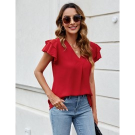 Blooming Jelly Womens Dressy Casual Shirts Short Sleeve V Neck Work Blouse Business Casual Summer Tops 2024(L, Red)