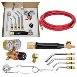 Professional Air Acetylene Torch Kit Fuel Gas kit 11 pieces Turbo Torch Kit Include CGA 200 Acetylene Regulator,G-4 Handle, AH-12 Hose, A-3, A-5, A-11, A-14 tips, Adaptor CGA200 (MC) To CGA520 (B)