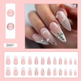 Press on Nails Almond French Tip 24Pcs Glossy Full Cover Medium Acrylic False Nails with Rhinestone Pearl Designs Natural Artificial Fake Nails Set with Glue Stick on Fingernails for Women Girls