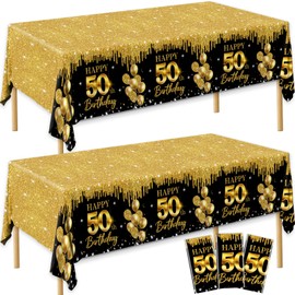 CMUSKO 3Pcs 50th Birthday Tablecloth Black and Gold Happy 50th Birthday Table Cover, 1975 Table Cloth for Men Women Fifty Years Old Party Supplies