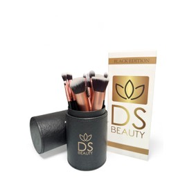 DS BEAUTY 14 Piece Professional Make Up Brushes Set - Soft, Hypoallergenic, for Foundation, Eyeshadow and Powder in Elegant and Portable Tube Case - Ideal for Beginners and Experts (Black)