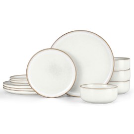 Herogo 12 Pieces Stoneware Dinnerware Dishes Set for 4, Kitchen Handmade Dining Plates and Bowls Sets, Double Reactive Glaze, Microwave & Dishwasher Safe, Scratch Resistant, Ivory White