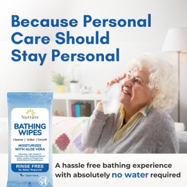 Nurture Rinse Free Bathing Wipes for Adults w/Aloe | Waterless Cleansing for sensitive skin | Disposable Adult Body Bath Wet Wipe for Disabled Bedridden | 64 wipes