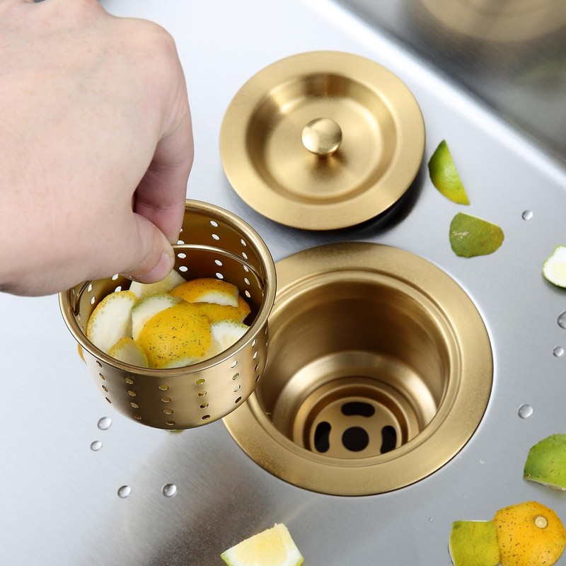 OUGOO 3-1/2-inch Gold Kitchen Sink Drain, Stainless Steel Removable Deep