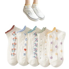 IECSHDU Cute Floral Socks Women 5 Pairs Kawaii Ankle Socks Low Cut Ruffle Casual Crew Sock Lightweight Soft Cotton Sock Girl (5 Pairs)
