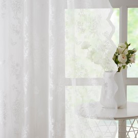 Bujasso White Lace Curtains Vintage Country Floral White Sheer Curtains 84 inch Rod Pocket Light Filtering Victorian Scalloped White Lace Sheer Drapes for Living Room Bedroom 2 Panels 54" Wx84 L