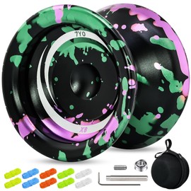 X8 Finger Spin Yoyo Professional Metal Trick Yoyo Responsive & Unresponsive Dual Purpose Yo Yo with Storage Bag + Bearing Kits +10 Yo-yo Strings (Black Pink Green)