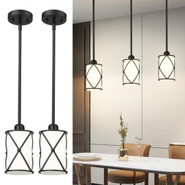 Osimir Glass Pendant Lights Kitchen Island, 2 Pack Modern Black Pendant Light Fixtures with Frosted Glass and Rod, Mid Century Cage Pendant Light for Kitchen Sink Dining Room, CH9176BKW-2PK