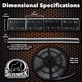 Silverback 1/2oz Steel, Black Tape Wheel Weights with EZ Peel Tape. Designed for The Professional Tire Dealer for Passenger Cars, Trucks, SUV's, & Motorcycles. Roll .50oz Steel Tape Weight.