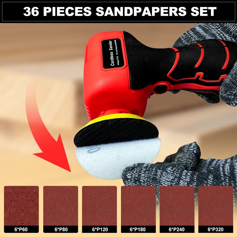Cordless Electric Sander with 36PCS Sandpapers, 3500 RPM, 2000mAh Battery,