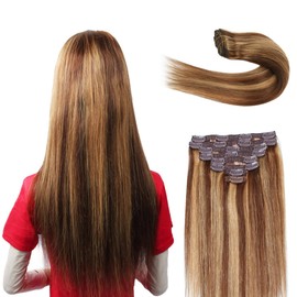 Clip in Hair Extensions Real Human Hair, 18" 120g Straight Hair Extension Clip ins with Lace Weft, 8 Pcs Weft with 20 Pcs Clips (#4/27 Chocolate Brown to Caramel Blonde, 18 Inch)