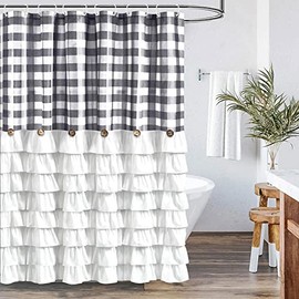 Seasonwood Grey Farmhouse Shower Curtain Set with 12 Hooks 72 X 72inch Gray and White Buffalo Plaid Pattern Fabric Shower Curtains with Buttons & White Ruffles for Bathroom Bathtubs Decor Accessory