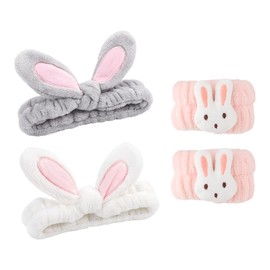 2 Pieces Rabbit Ear Headbands, 1 Piece Rabbit Bracelet, Plush Headband, Women's Face Wash and Hair Accessories, Cute Cartoon Decoration