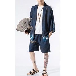 Ambcol Conjunto de pantalones cortos tipo kimono de estilo japonés para hombre, ligero, casual, manga 3/4, secado rápido, ropa de playa, azul (Blue1), XX-Large