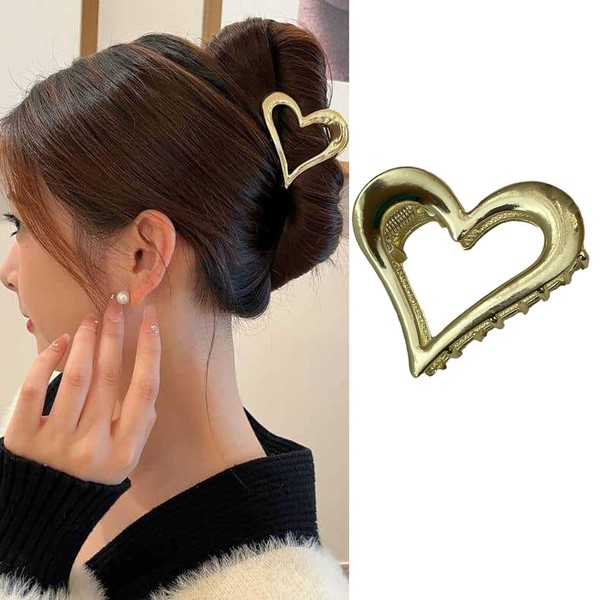 Gold Heart Hair Clips Valentine’s Day Hair Claw Clips Large Hair Clamps Romantic Metal Love Heart Design Hair Styling Accessories for Women Girls Non-slip Barrette for Thick Hair