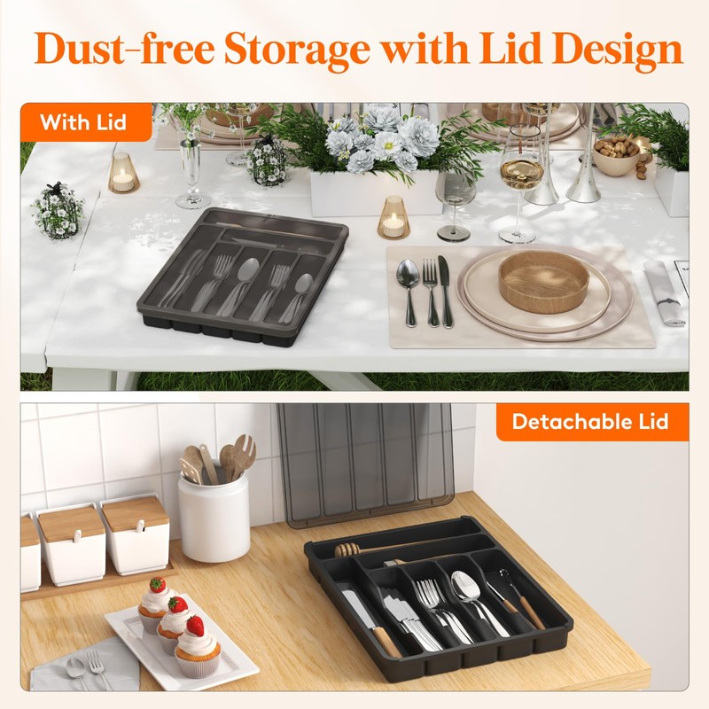 Lifewit Silverware Organizer with Lid, Covered Utensil Tray for Kitchen