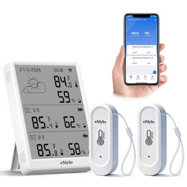 eMylo WiFi Thermometer Hygrometer 3 Pack, Smart Digital Indoor Temperature Humidity Monitor 328Ft Rang with 2 IP65 Outdoor Wireless Sensors, App Alerts, Free Data Storage Export, for Home, Greenhouse